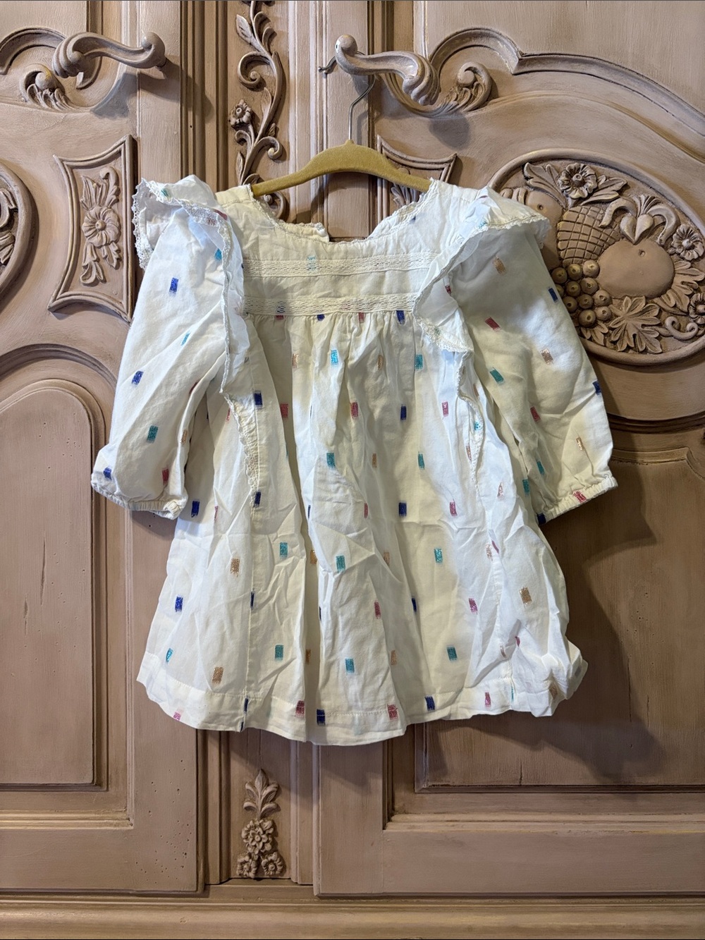Girls' White Cotton Peasant dress with Multicolor Embroidery